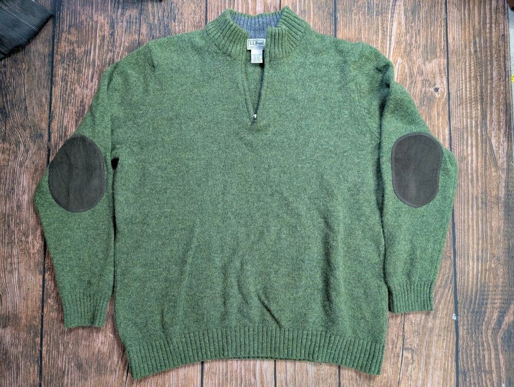 LL Bean Mens XXL Full Zip Sweater Olive Green Shetland Wool Elbow Patches 285327